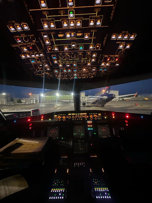 Aircraft cockpit view captured at dusk in Khimki airport