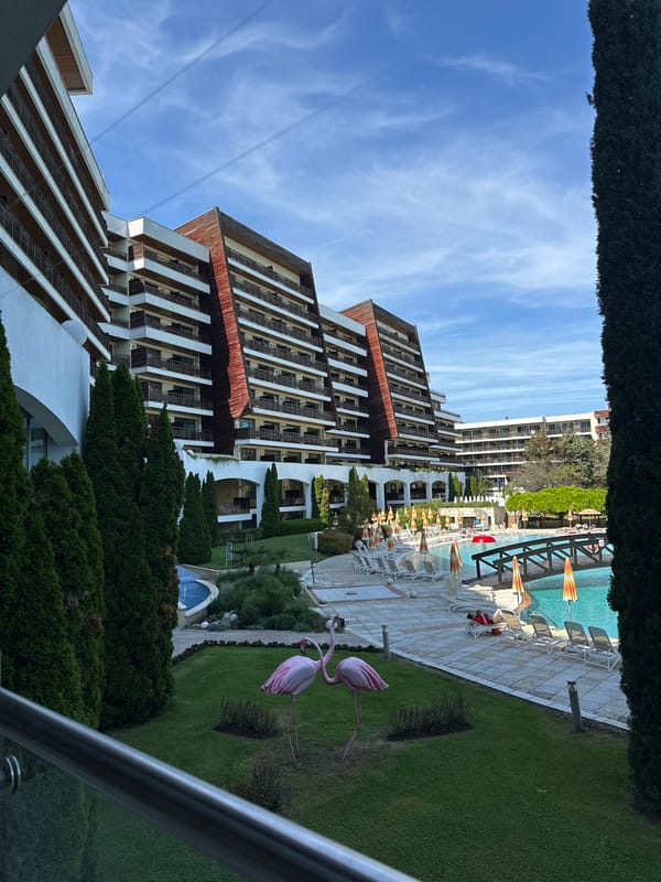 Resort scene captured from balcony in Obrochishte, Bulgaria