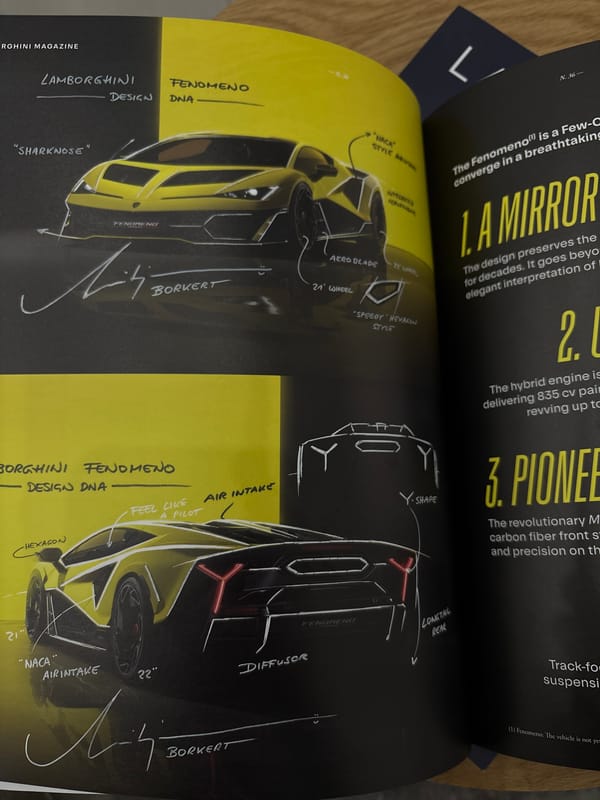 Car design sketches and Lamborghini magazines documented in Turin