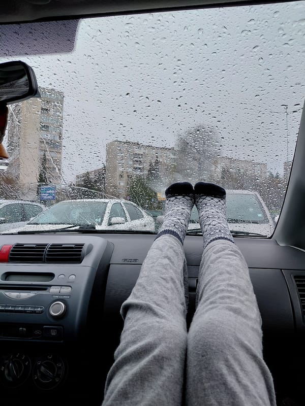 Rainy day view captured from car interior in Bulgaria