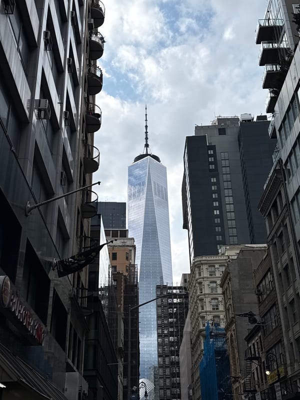 NYC skyline photographed from street level showing One World Trade Center
