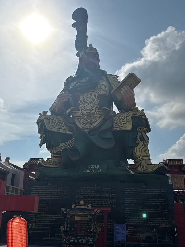 Ornate Guan Yu statue documented at Thai temple entrance
