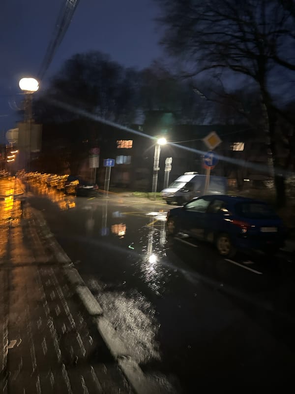 Rainy night street scene captured in Varna, Bulgaria