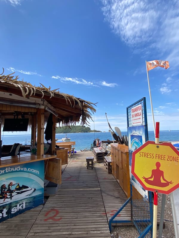 Morning leisure moments captured at Budva beachside bar and garden
