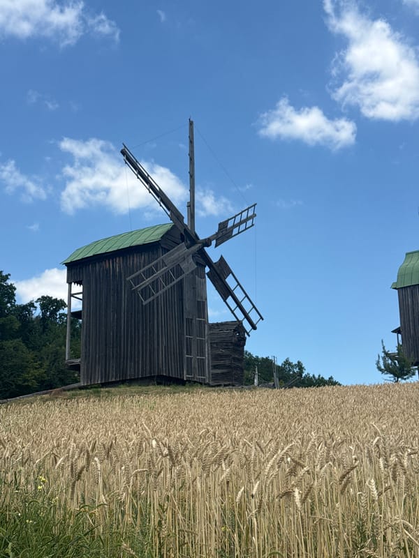 Classic Ukrainian rural heritage: windmills, wheat fields, and thatched cottages
