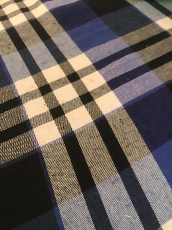 Indoor table with plaid cloth, artificial plants documented