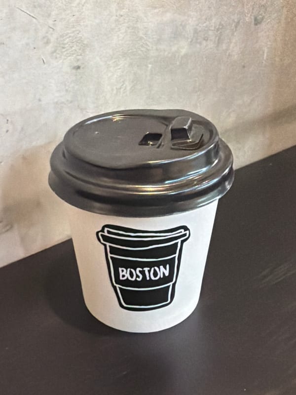 Boston-branded coffee cup observed lying horizontally on surface