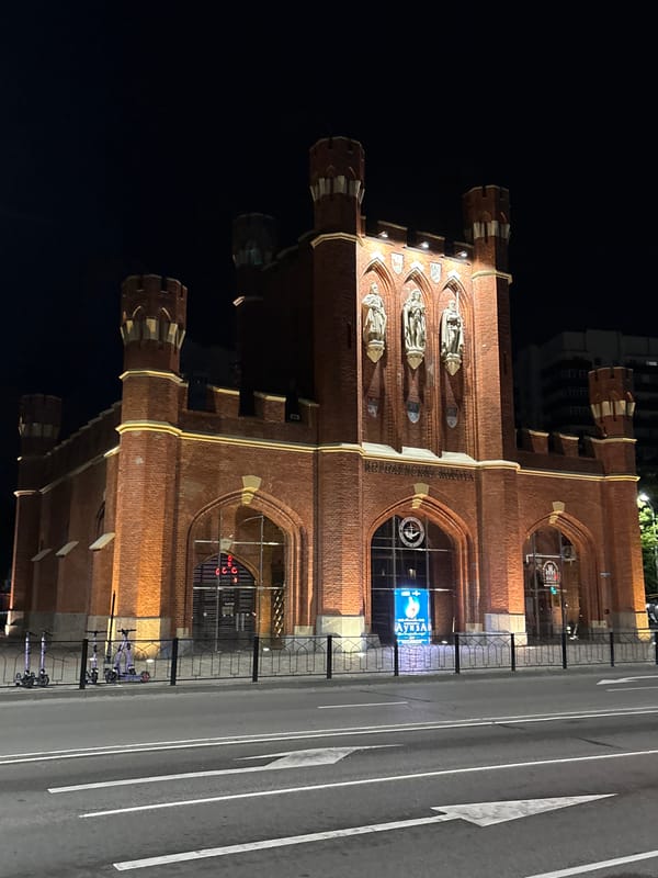 Historic Royal Gate illuminated at night in Kaliningrad