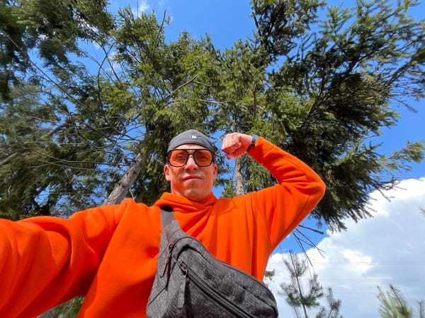 Person in orange outfit performs stunts, takes photos in Russian forest