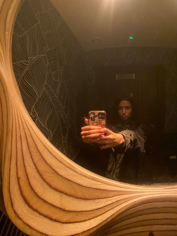 Woman takes mirror selfie in London bathroom