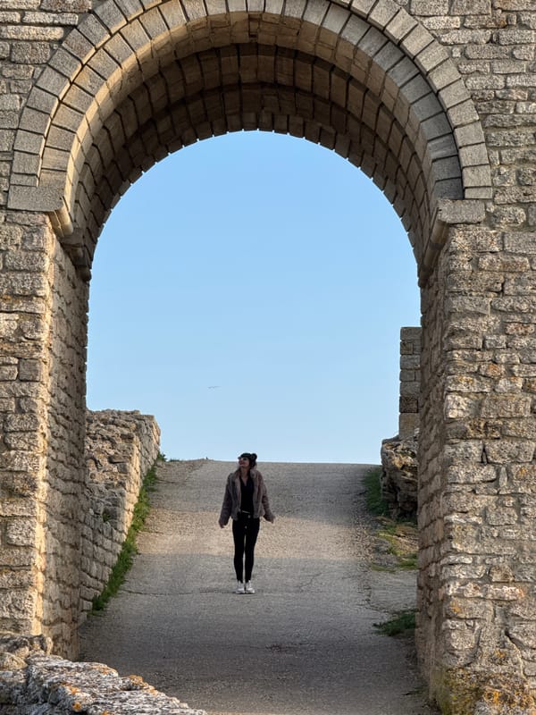 Tourist visits ancient stone ruins in Balgarevo, Bulgaria