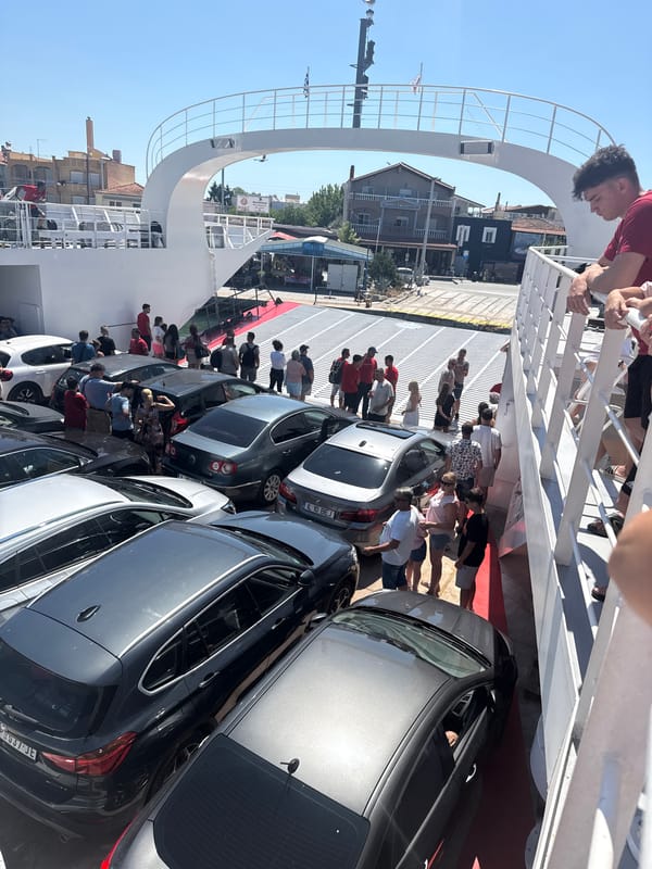 Ferry loaded and docked at the port of Keramoti, Greece