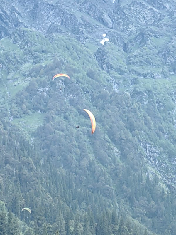 Paragliders fill the skies over Solang Valley on a cloudy morning