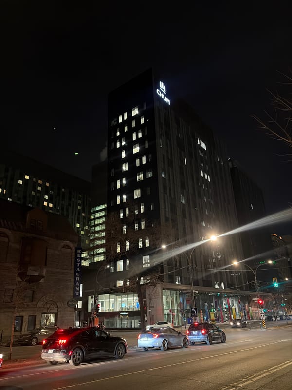 Late night street documentation near Montreal hospital complex
