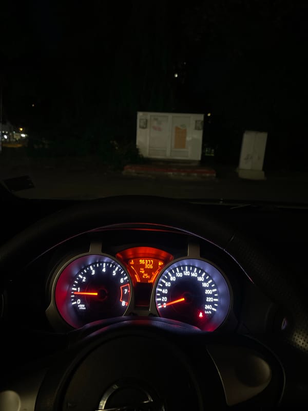 Nissan Juke parked at night in Sofia, inside and out