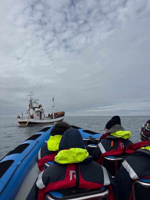 Boat tour observed in Húsavík waters under overcast skies