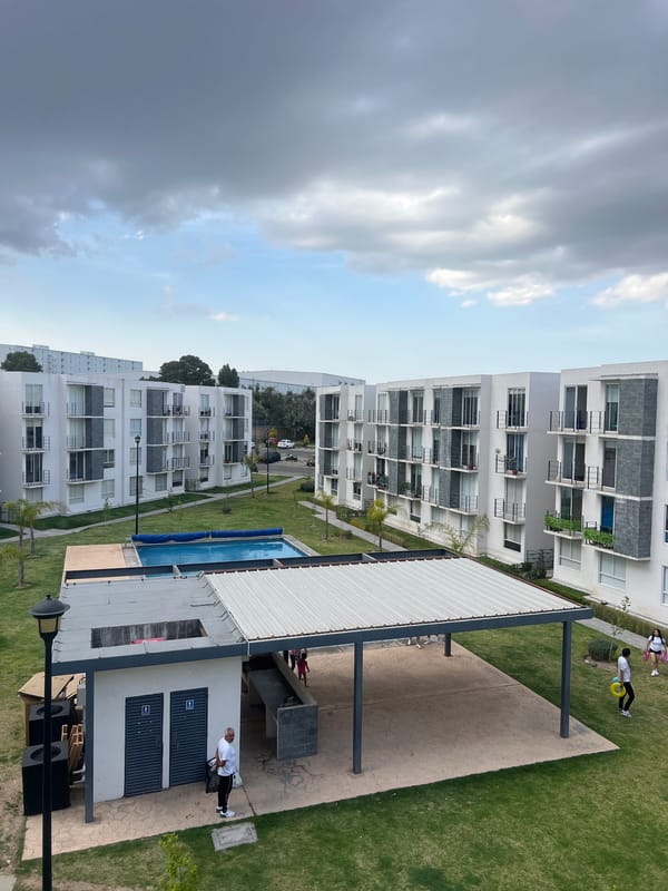 Aerial view captures residential apartment complex in Sanctorum, Mexico