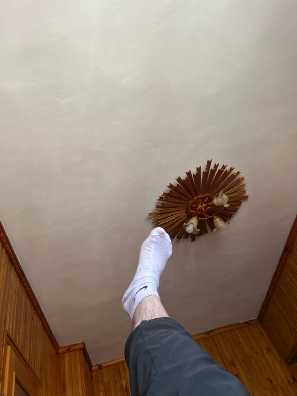 Person conducts household cleaning in wood-paneled Bulgarian home