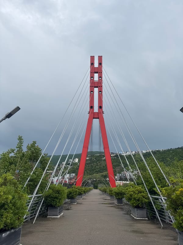 Red suspension bridge observed in Tbilisi under cloudy skies