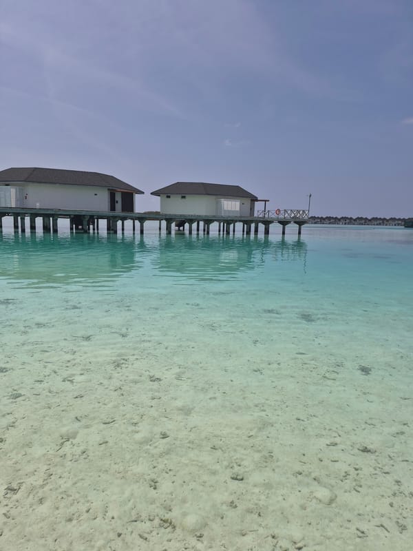 Overwater bungalows photographed at Huraa beach, Maldives