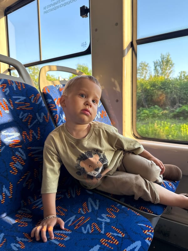 Woman and child ride public transport in Rusanovo