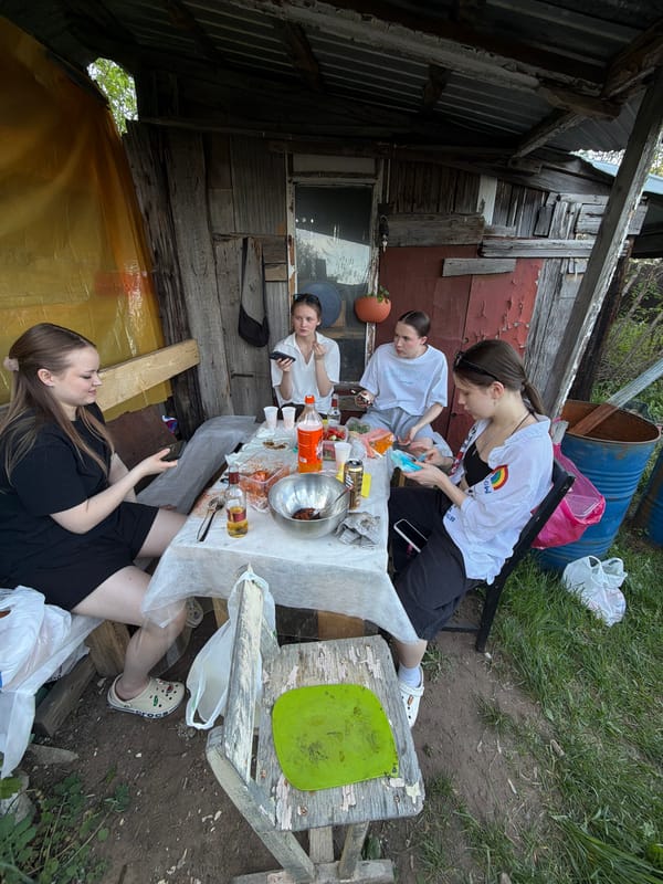 Friends enjoy springtime barbecue and gardening in Perm backyard