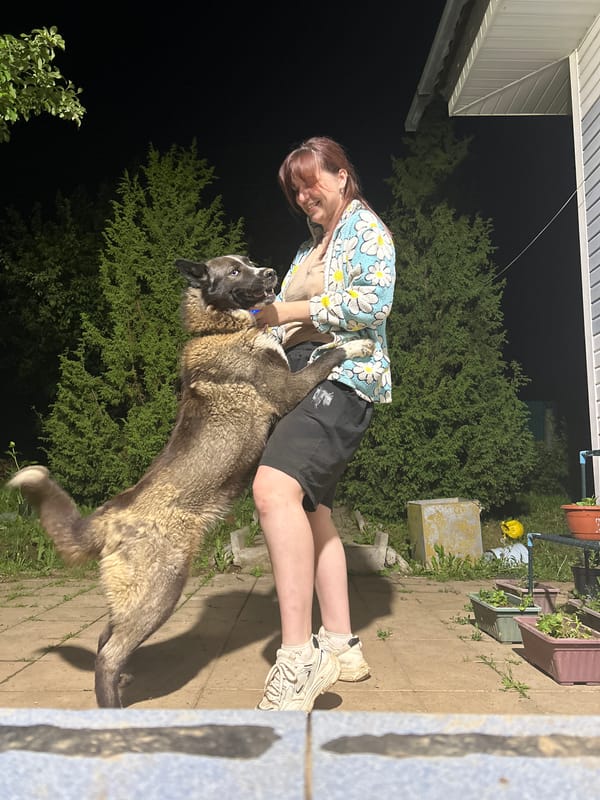 Woman and dog share evening playtime in Russian village