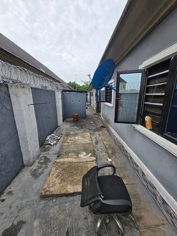Urban alleyway with barred windows, satellite dish observed
