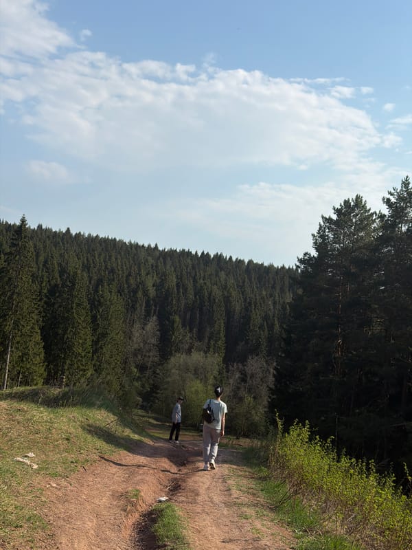 Two people walk forest path near Perm, Russia