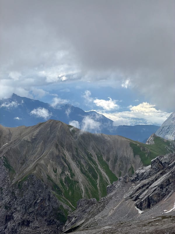Close-up and wide views of the Zugspitze on a cloudy morning