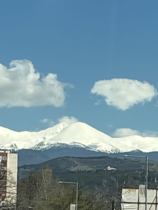Snow-capped Pirin Mountains viewed from Sandanski, Bulgaria