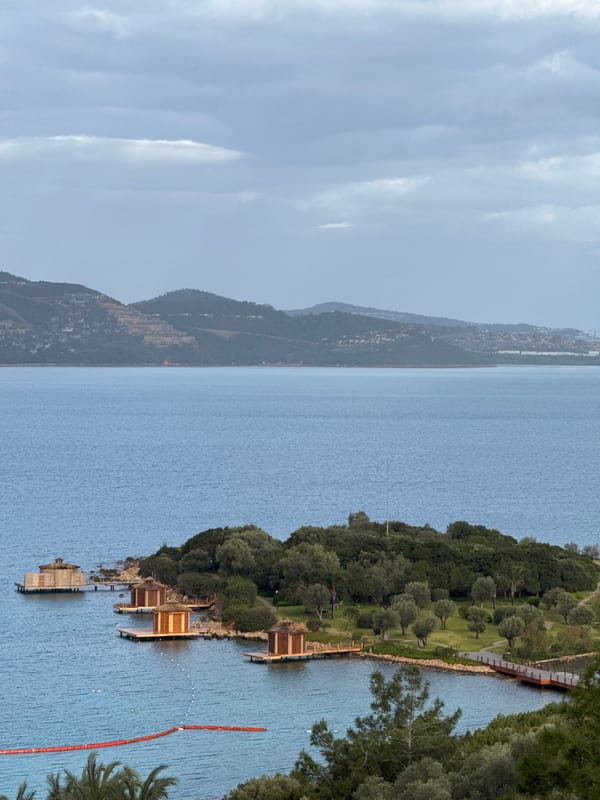 Coastal bay scene with peninsula and wooden docks in Bodrum