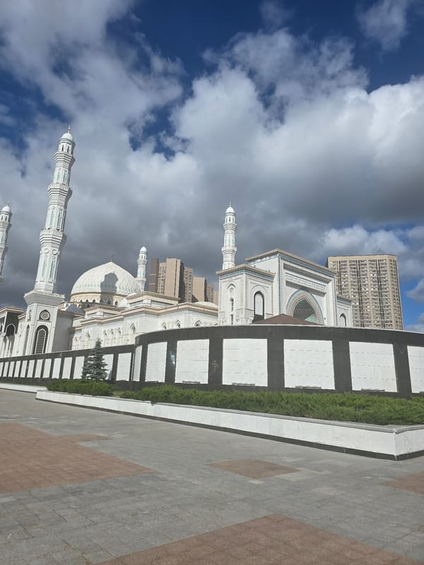 Hazrat Sultan Mosque stands tall under cloudy Astana skies