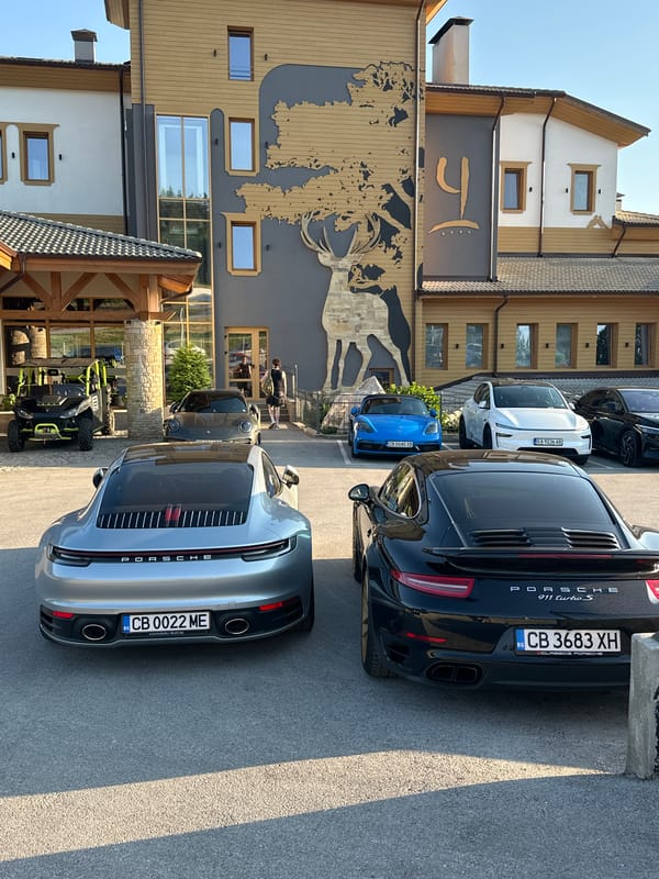 Porsche club meetup fills hotel parking lot in rural Bulgaria