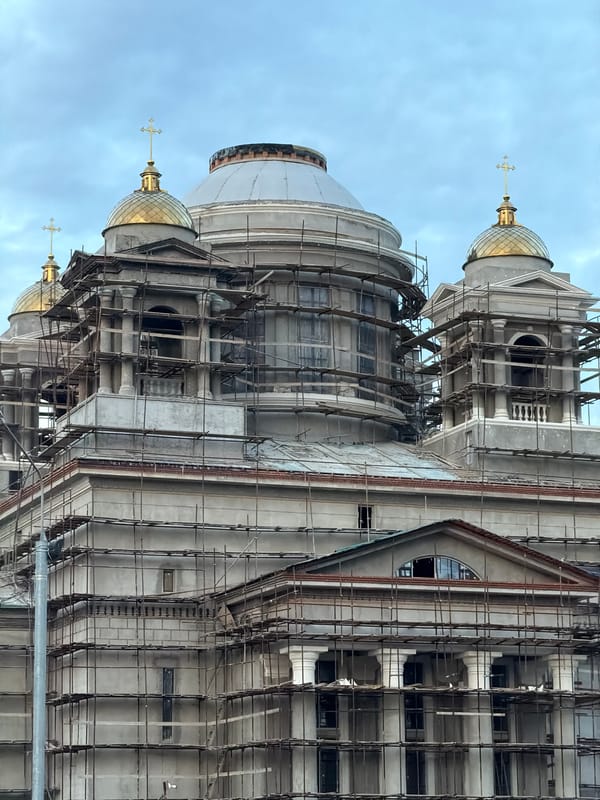 Church construction, city sunsets, and everyday moments from one afternoon