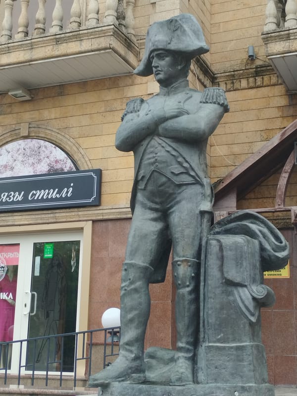 Bronze statues and street scenes in central Kostanay, Kazakhstan