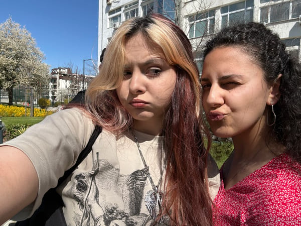 Two women take selfies on sunny morning in Sofia