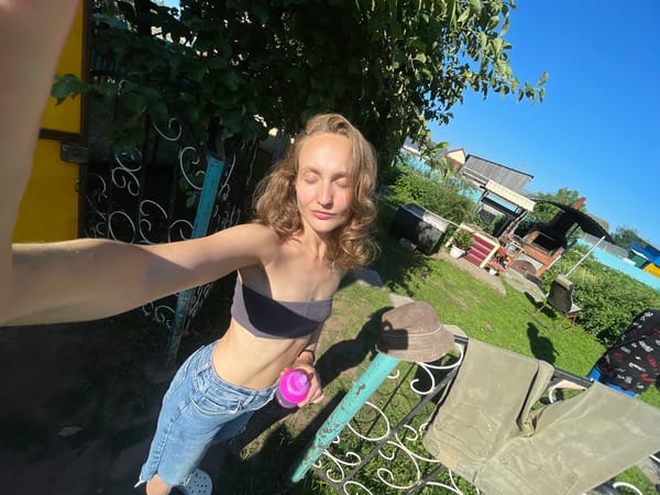 Casual summer selfie session at a backyard dacha in Kuyeda
