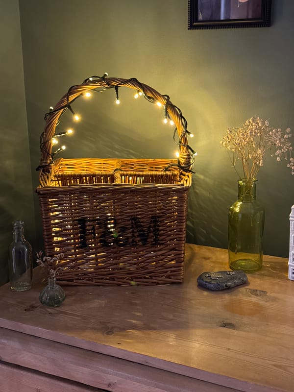 Fairy light basket display captured in East Suffolk home