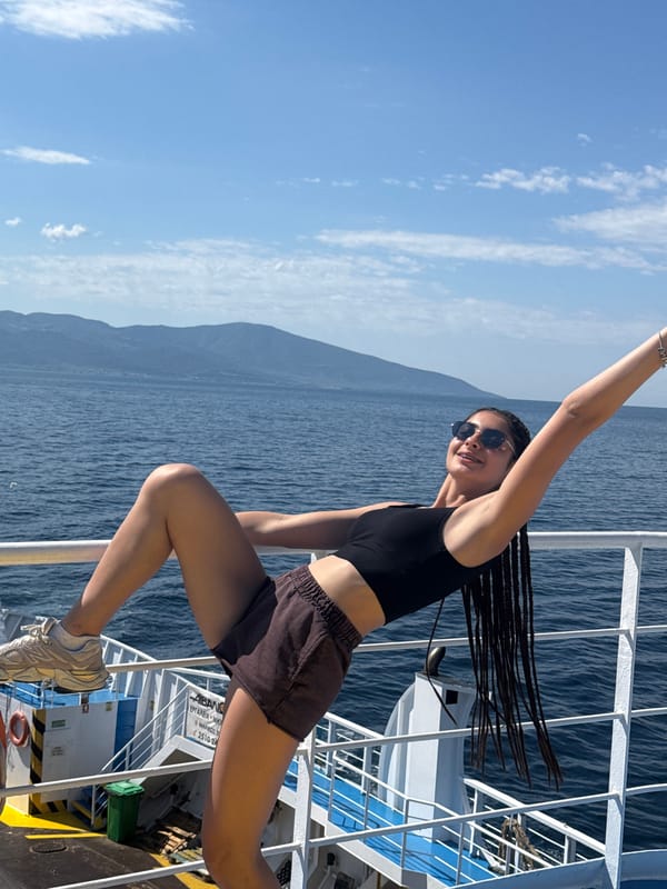 Ferry ride through Greek coastal waters, mid-morning.