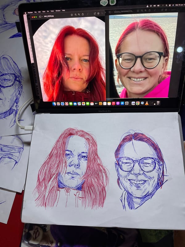 Ink portrait session in Jos, drawn from laptop reference photos