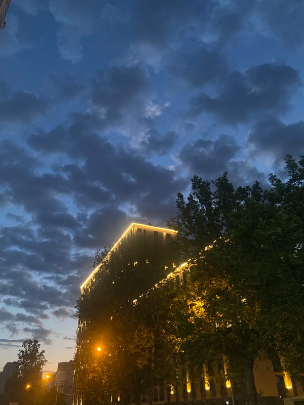 Urban twilight scenes with buildings, power lines, projected emblem documented