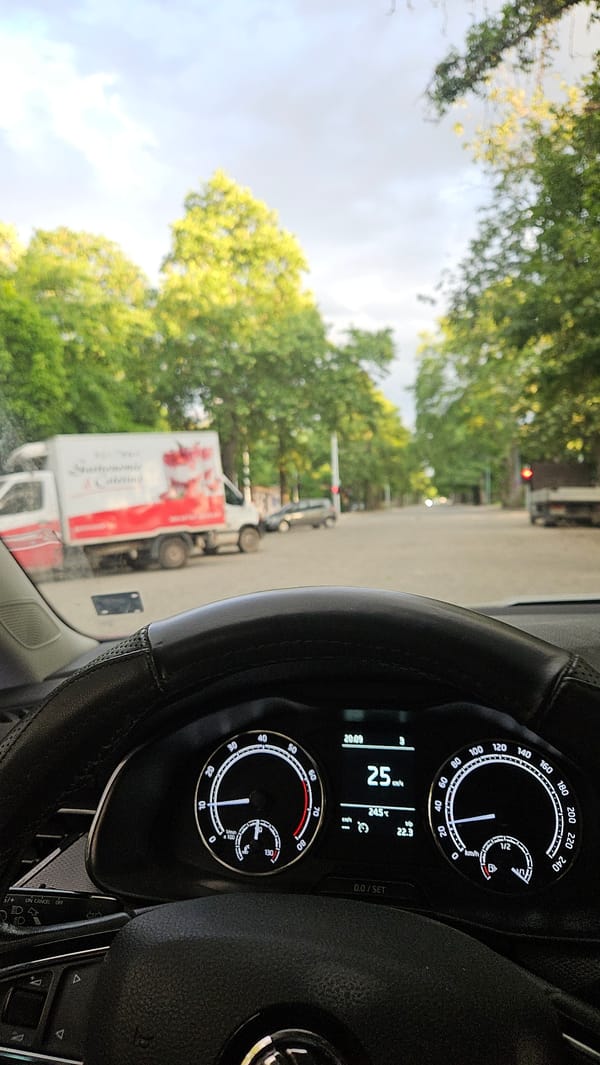 Motorist documents evening drive through Plovdiv, Bulgaria