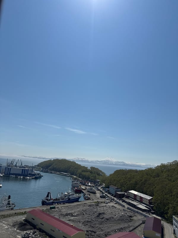 Tourist documents morning visit to Petropavlovsk-Kamchatsky with selfies, city views