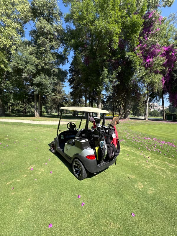 Golf cart spotted on Tlalnepantla course with humorous sticker