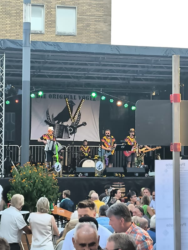 Outdoor concert and food at a lively afternoon festival