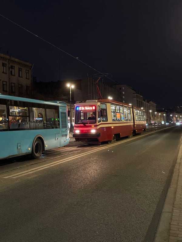 Evening rush hour public transit activity across Saint Petersburg