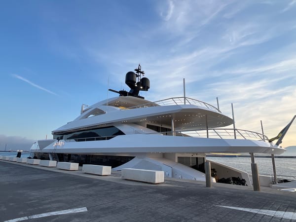 Superyacht Hagrave docked at Gibraltar harbor at sunset