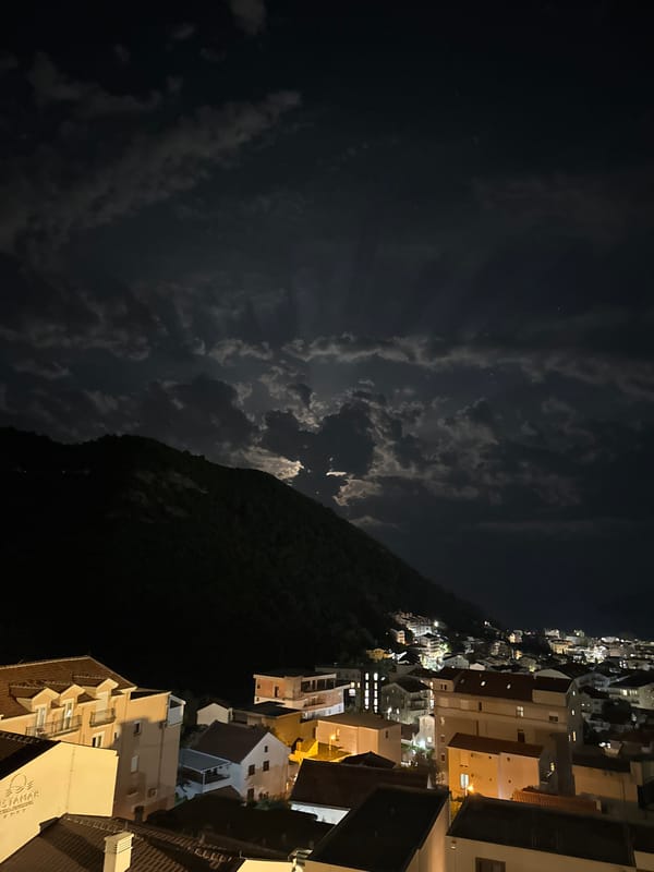 Nighttime panoramic views captured in Budva, Montenegro coastal city