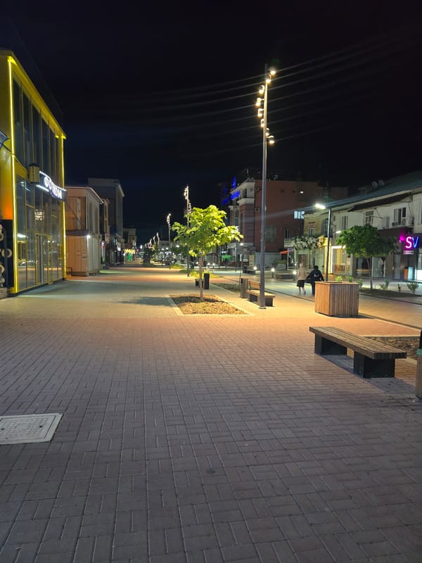 Khasavyurt's lit-up pedestrian street on a summer night